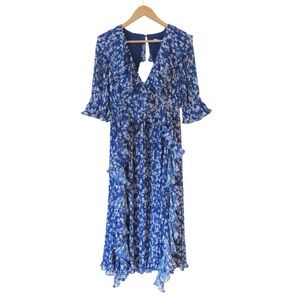 La Maison Talulah Mediterranean Minx Midi Dress Medium Blue Floral Boho Frilly